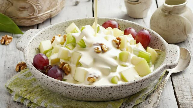 Waldorf salad, fresh apples, walnuts, and celery tossed with creamy dressing, served in a glass bowl, soft daylight 
