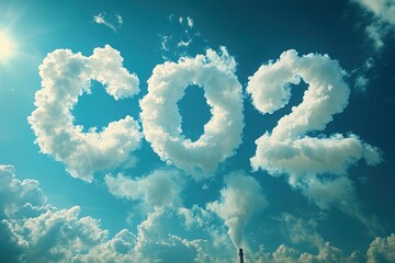 smoke forming the word "CO2" in clouds billowing from an industrial chimney, against a blue sky background.