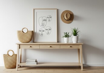 Interior setting with a console table featuring artwork plants and woven bags against a white wall