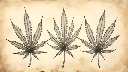 Naklejka premium Hand-sketched charcoal cannabis leaves on parchment. Smudged details and coffee stains create an antique, scholarly HD wallpaper.