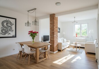 Fototapeta premium Interior view of a bright open concept living and dining area with modern furniture and decor art piece