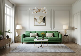 A living room with a green sofa, a coffee table, and a modern chandelier against a white wall