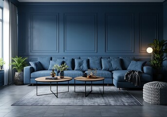 A blue living room with a large sofa, two round tables, and a patterned rug in a modern design style