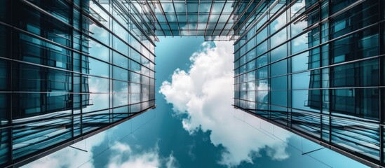 Obraz premium low angle shot of a modern business building scenery touching the sky