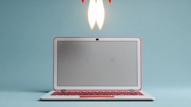 Launching into the Future: A conceptual image of a red laptop, positioned against a soothing blue background, with miniature rocket ships taking off above it.