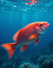 Fototapeta premium Swimming Red Fish Underwater with Sun Rays and Coral