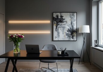 A modern office space with a black desk laptop flowers and abstract art on a gray wall interior design