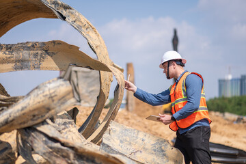 Construction surveyor or engineer working inspection damaged black corrugated pipe and construction...