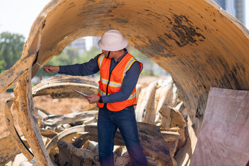 Construction surveyor or engineer working inspection damaged black corrugated pipe and construction...