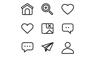Minimalist Social Media UI Line Icons Set - Home, Search, Add, Heart, Bookmark, Chat, Send, Profile