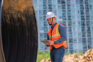 Construction surveyor or engineer working inspection damaged black corrugated pipe and construction...
