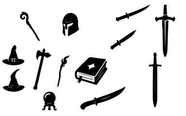 Black silhouettes of fantasy role-playing game items.
