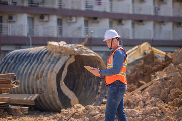 Construction surveyor or engineer working inspection damaged black corrugated pipe and construction...