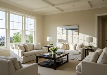 Bright living room with white sofas and a dark coffee table under a decorative ceiling design near windows