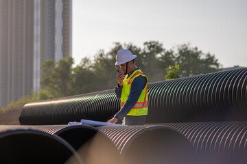 Engineer worker operations construction plans large black drainage pipe installing underground...