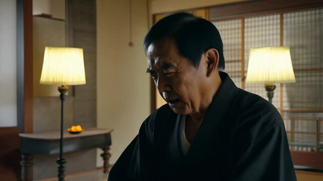 a middle-aged asian man repressing anger in a softly lit traditional japanese room
