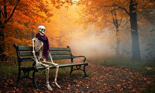 Skeleton Resting On Bench In Autumn Park With Orange Foliage and Foggy Background
