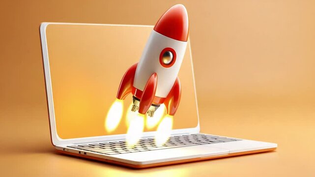Laptop Rocket Launch: A vibrant red and white rocket ship bursts from a laptop screen, symbolizing a dynamic startup, innovation, and rapid growth.  
