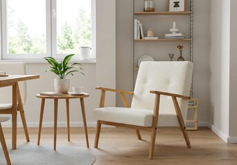 A bright living room featuring a white armchair and a small table with a potted plant near a window