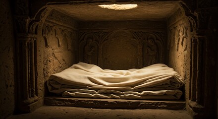 Ancient Tomb Interior with Draped Sarcophagus, Dramatic Lighting