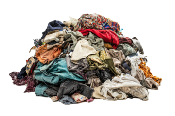 Dirty and disorganized heap of garbage, featuring torn fabric, broken items, and waste, on a white background