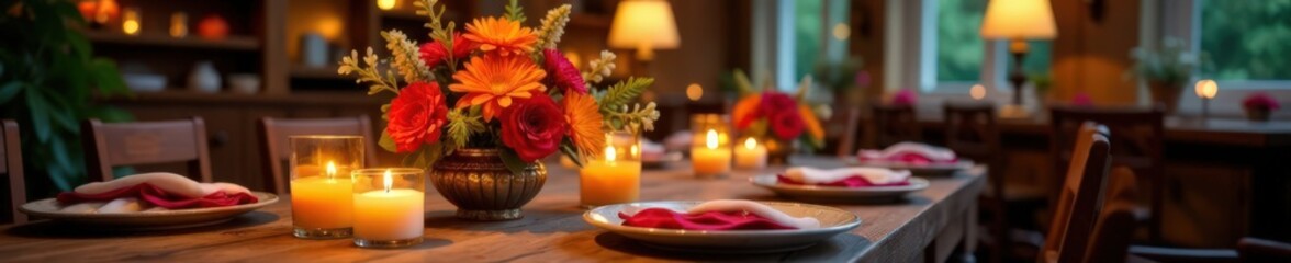 Obraz premium Vibrant flowers and candles adorn a table in a lively atmosphere , party, flowers, ribbons