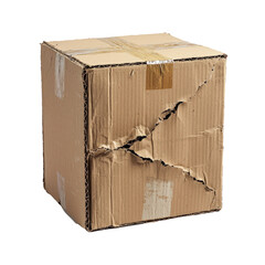 Damaged cardboard box with visible tears and crushed edges, isolated on white