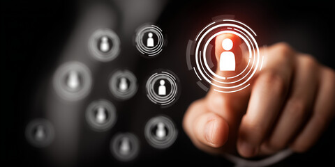 Selecting a profile digital networking interface dark background glowing circles finger touch