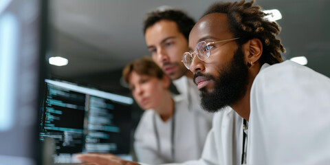 Focused programmers collaborate on code intense concentration displayed in a modern tech office with