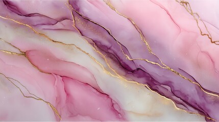 Elegant pink and white marble texture with golden veins and flowing violet accents creating a soft and luxurious abstract background