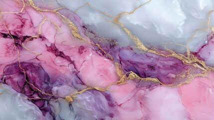 Elegant pink and white marble texture with golden veins and flowing violet accents creating a soft and luxurious abstract background