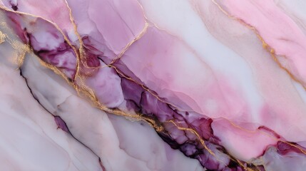 Elegant pink and white marble texture with golden veins and flowing violet accents creating a soft and luxurious abstract background