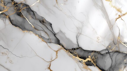 Elegant white marble texture with soft gray and black veining accented by subtle golden details creating a refined and luxurious abstract design