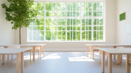 Fototapeta premium Bright Classroom Small Tables and Tree Minimalist Style Natural Sunlight Wide Angle Shot Light Wood Furniture Empty Room Bright Greenery Serene Mood Ideal for Education Marketing