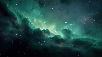 Fototapeta premium Green nebula in deep space with glowing stars and cosmic clouds creating a mysterious and vibrant astronomical background