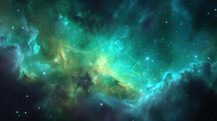 Green nebula in deep space with glowing stars and cosmic clouds creating a mysterious and vibrant astronomical background