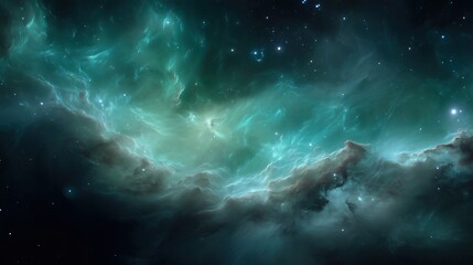Green nebula in deep space with glowing stars and cosmic clouds creating a mysterious and vibrant astronomical background