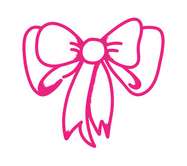 A stylish pink ribbon bow illustration drawn on a transparent white background, perfect for decorative, festive themes