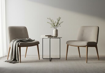 Fototapeta premium Two chairs and a side table with a vase and books in a minimalist interior design setting studio shot
