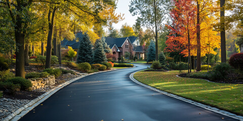 Obraz premium Serene autumnal driveway scene in upscale neighborhood warm sunlight colorful foliage curving road