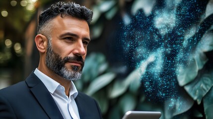 Focused businessman contemplates digital network overlay.