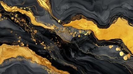 Obraz premium Luxurious black marble texture with bold golden veins and fluid patterns creating a dramatic and sophisticated abstract design