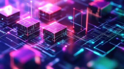 Abstract representation of digital technology with glowing circuits and cubes in a futuristic setting