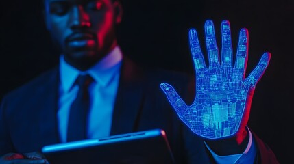 Man in suit with digital handprint overlay,  a  futuristic display.