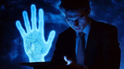A  man in a suit examines a digital hand projection on a tablet.