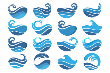 Water wave logo design. Wave shapes collection. Set of sea wave logo in blue . vector illustration