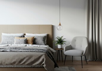 A bedroom with a bed, chair, plant, and hanging light fixture in a minimalist style room design