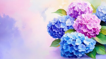 Blue and lilac hydrangeas blooming on an ethereal ink backdrop, a blend of softness and detail