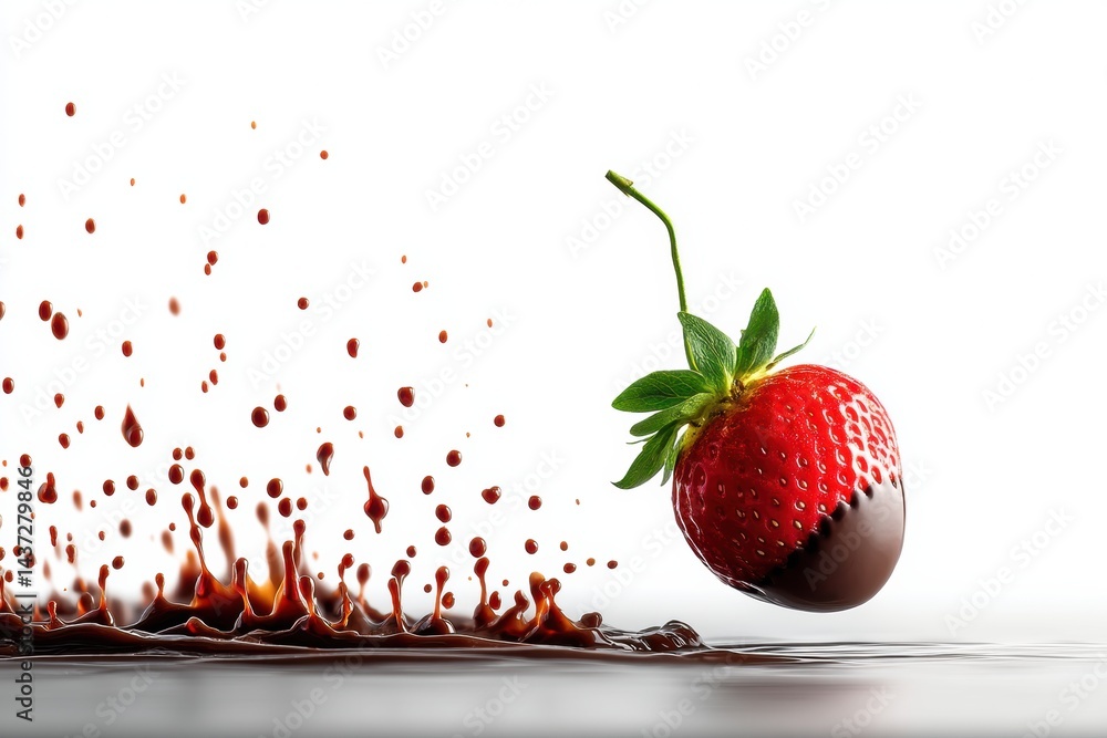 Poster strawberry dipped in chocolate floating gracefully in mid-air with splashes of chocolate in high-key