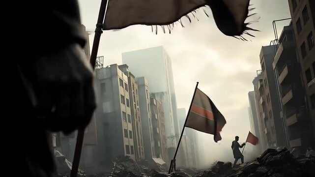 A lone battle-worn soldier standing among the ruins of a destroyed city